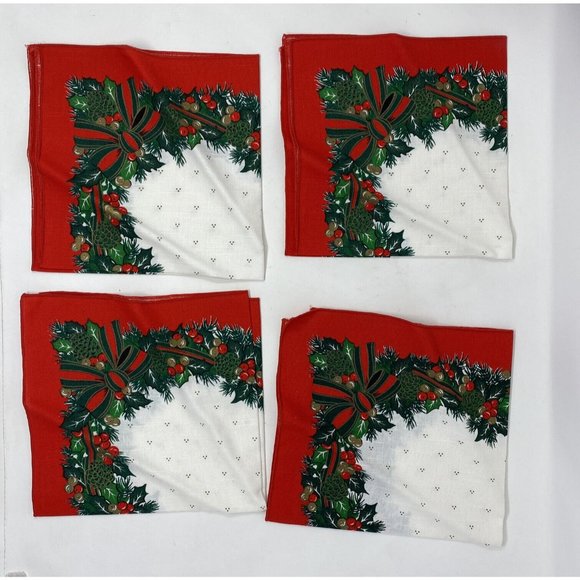 Lot of 4 Vintage Sunweave Linen Christmas Holiday Napkins Red Green Holly 17x17" - Picture 2 of 5